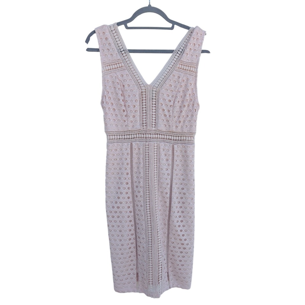 BCBG Crochet Pink Mini Dress, V Neck, Sleeveless, Sheath, Peek A Boo,‎ Sz 2